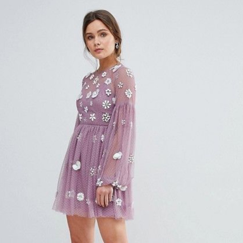 ASOS Embellished Tulle Mini Dress Purple Floral Beaded Mesh Long Sleeve
